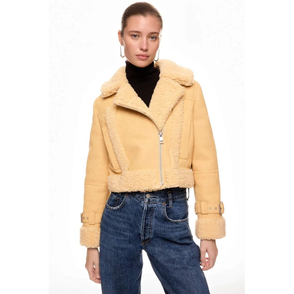 Apparis Womens Vegan Shearling Moto Jacket Honey Yellow Cropped Size M Faux Fur